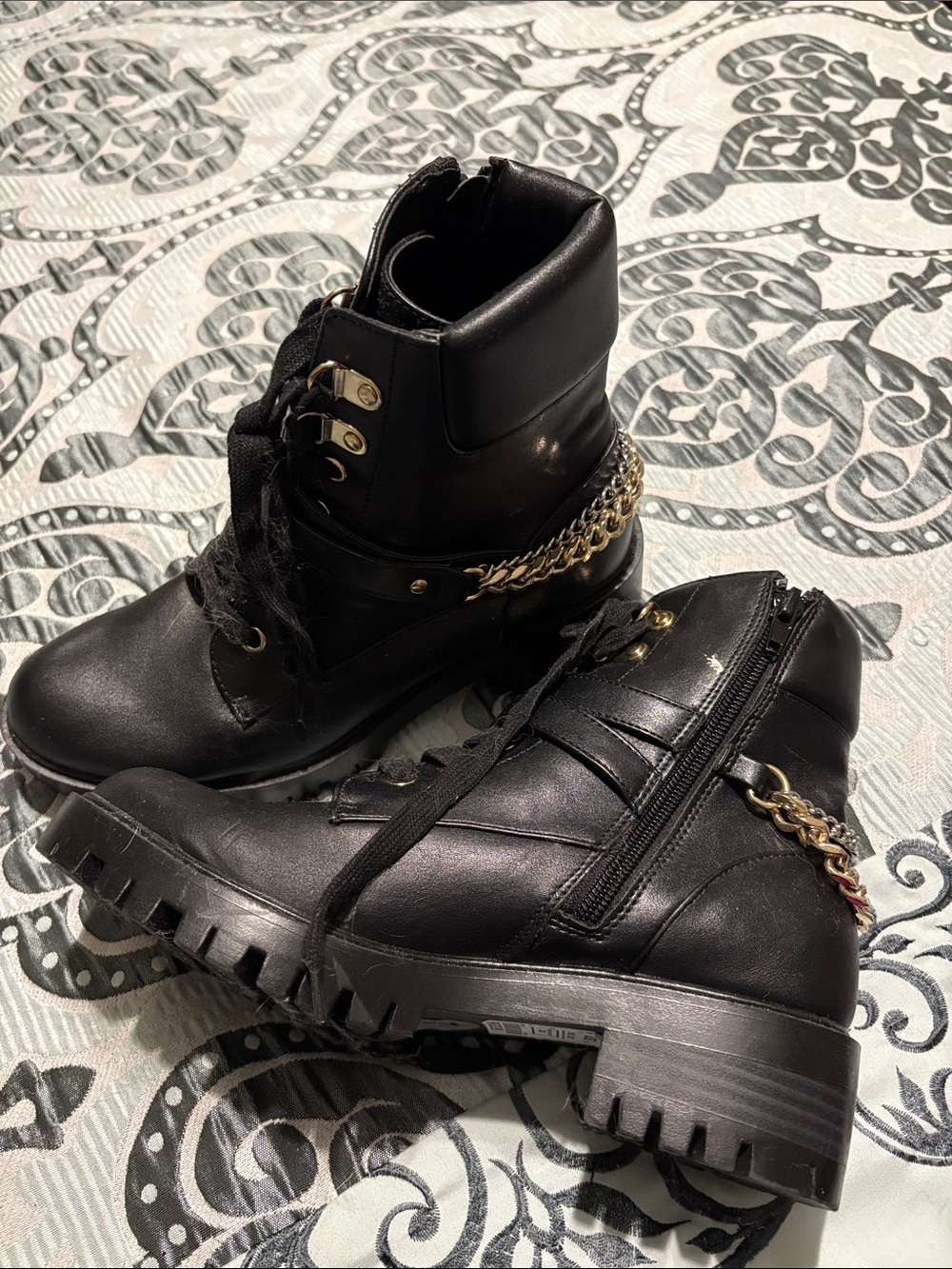 Black Women's Combat Boots with Gold Chain Accent